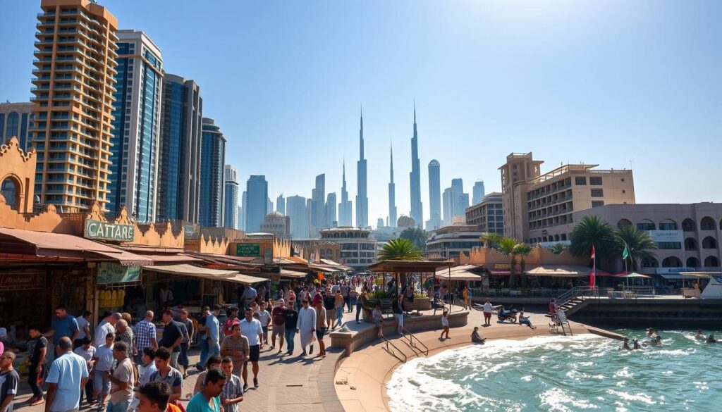 Modern city streets, cultural landmarks, and daily activities showing what is the lifestyle of Qatar for expats and residents