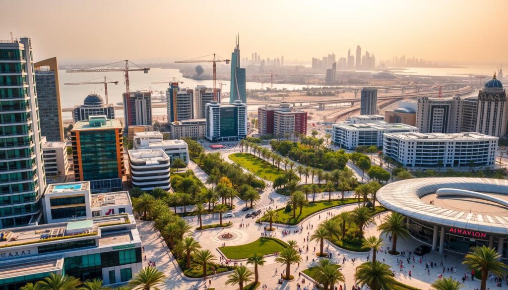 Aerial view of the modern cityscape highlighting infrastructure and business development a reflection of the Growing Industries in Qatar.