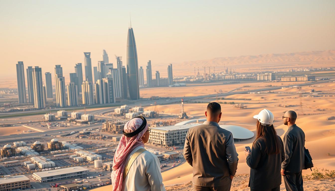Business professionals and engineers surveying desert infrastructure and city development within the Qatar energy sector
