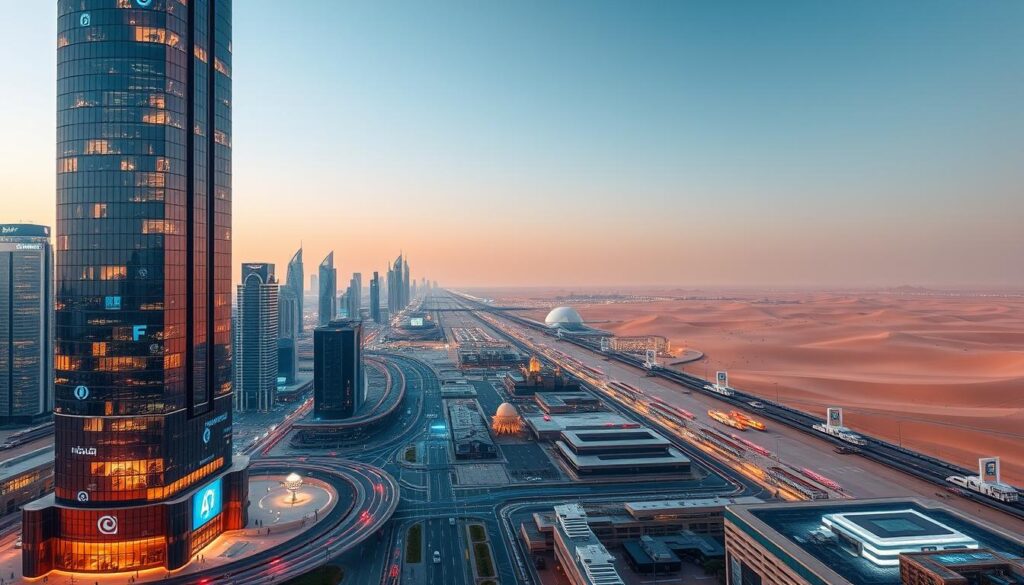 Professionals and smart technology in Doha city showing what you will learn about The Future of AI in Qatar.