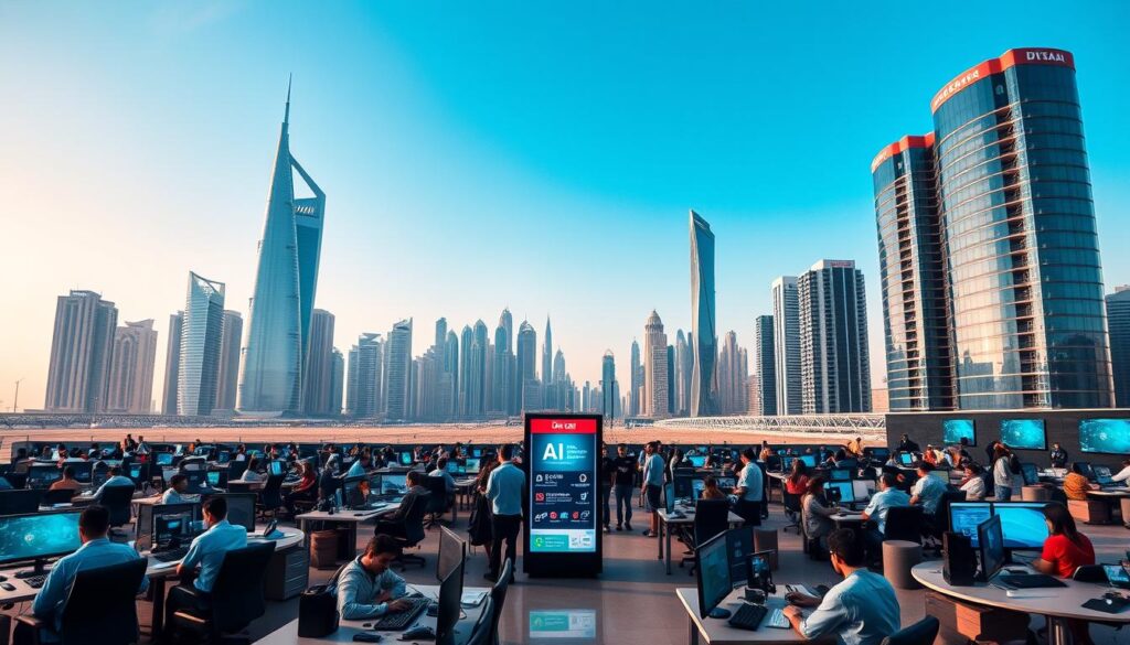 Large team of AI professionals working at computer stations with a modern Qatar skyline, showing the growing demand for AI jobs in Qatar.
